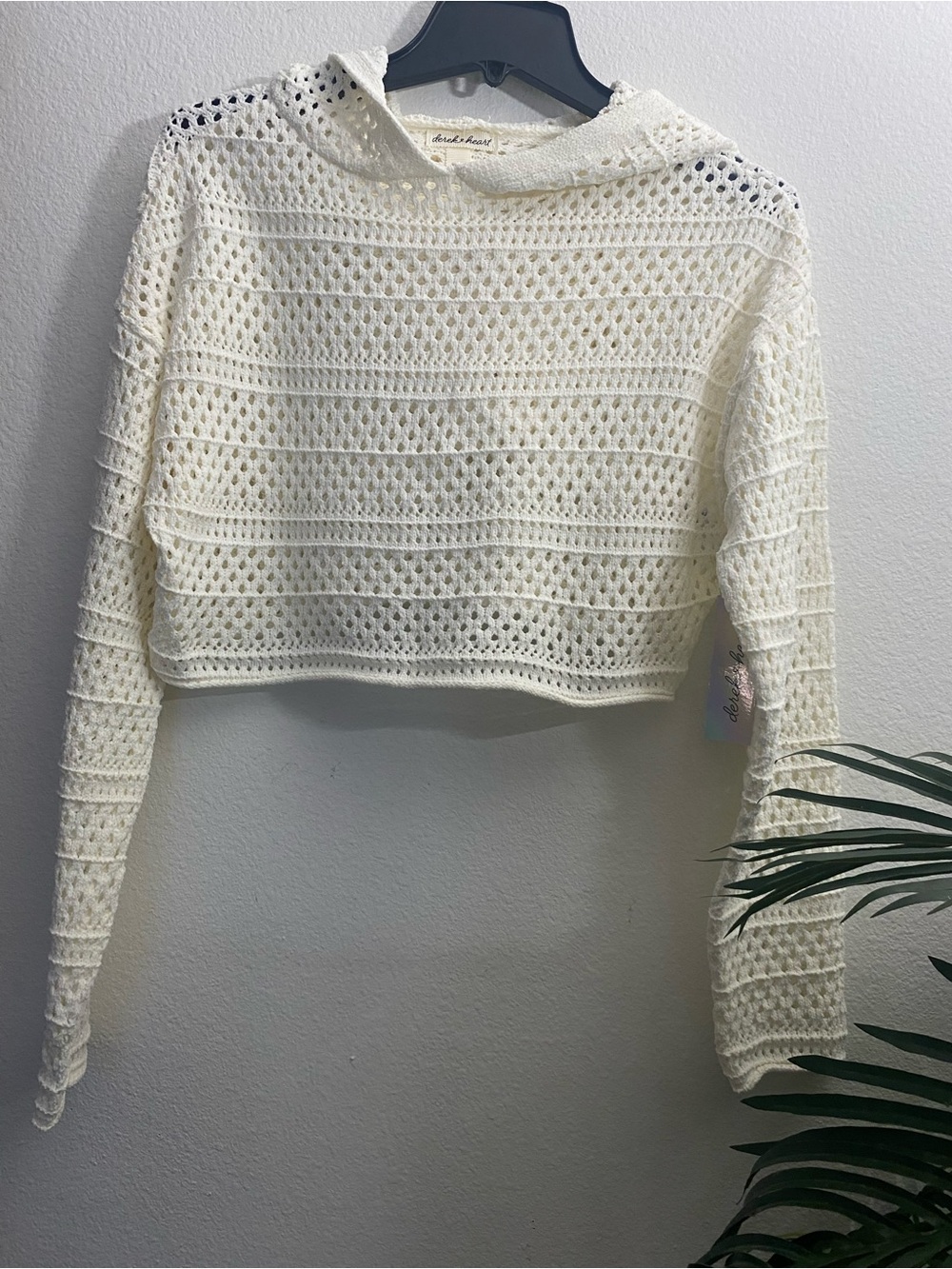 Derek Heart Crochet Open-Knit Cropped Sweater Hoodie - Cream